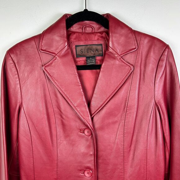 Siena Vintage 90's Red Leather Blazer Button Front Collared Lined Jacket Retro 4 - Picture 2 of 16